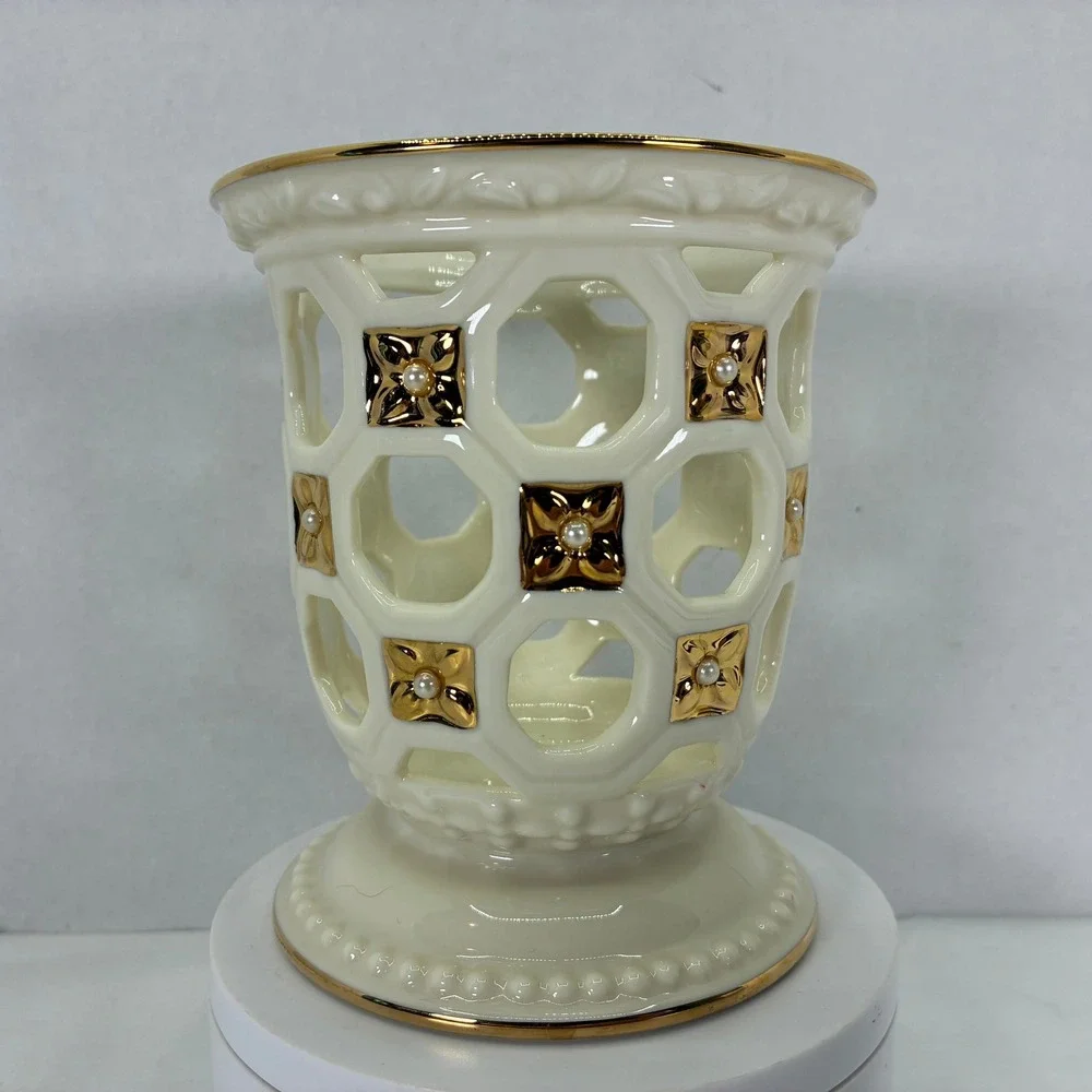 Lenox Illuminations Florentine & Pearl Votive Candle Holder Ivory Gold 5in